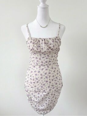 Soly Hux Floral Ruched Mini Dress Medium Cream White Purple Spaghetti Strap Cami